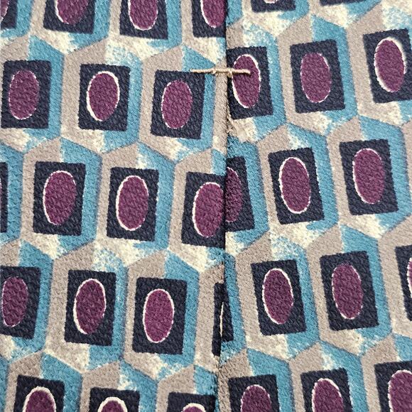 Ferrel Reed RSM USA Made Geometric Teal Burgundy Tan Silk Tie 62.5" - Picture 6 of 6